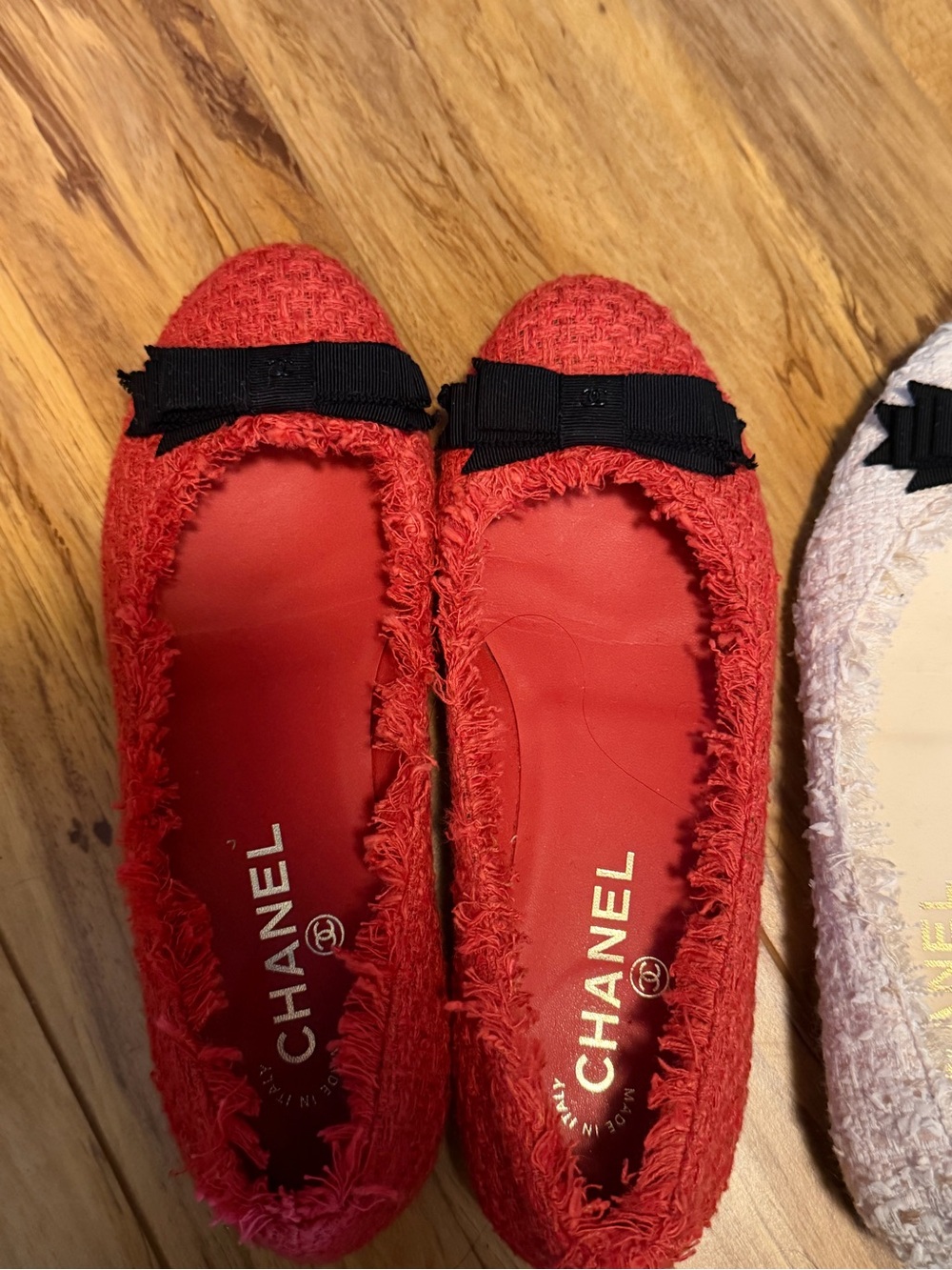CHANEL Red Tweed Ballet Flats with Black Ribbon Bow